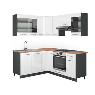 Vicco Cocina Esquinera Fame-line, Blanco Brillo/antracita, 160 X 190 Cm, Et Roble
