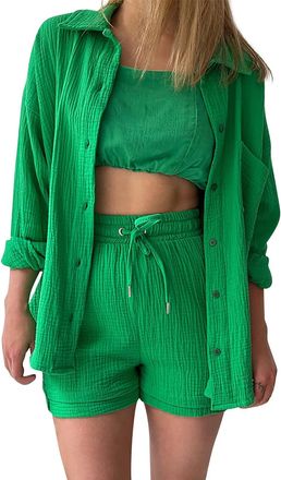 Generic Womens Summer 2 Piece Outfit Ladies Leisure Co Ord Sets Button Down Cotton Linen Shirt and Shorts with Pockets Lounge Set Tracksuit Y2K Aesthetic Clot