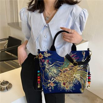 Generic Vintage Women Shoulder Bag Peafowl Embroidery Canvas Crossbody Bag Casual Ladies Beads Pendant Large Capacity Handbags (Blue)