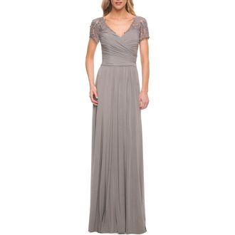 La Femme Jersey Long Evening Dress with Short Lace Sleeves in Silver at Nordstrom, Size 20