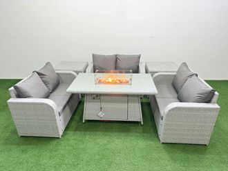Fimous 6 Seater PE Wicker Rattan Furniture Sofa Sets with Firepit Dining Table 2 Seater Love Sofa 2 Side Table Light Grey