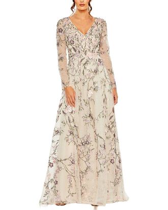 Mac Duggal V-Neck Long Sleeve Embroidered Gown