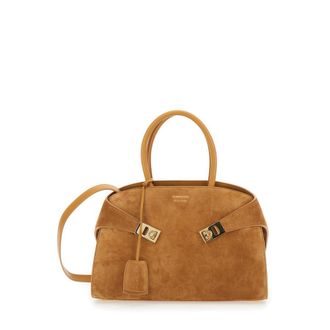 Ferragamo Handbag Hug Small With Logo And Gancini Buckles On The Front Suede Beige Woman Goat Calf Hand Bags