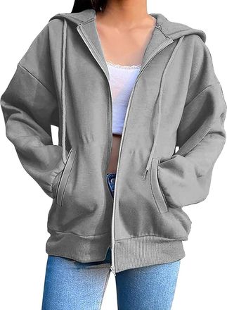 Generic Zip Up Hoodies For Women Uk Solid Color Sweatshirt Hood Drawstring Casual Long Sleeves Jackets With Pockets Lightweight Loose Fit Hooded Cardigan Clas