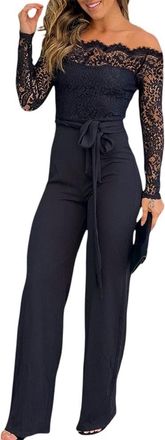 Generic CHICME Womens Dressy Jumpsuits Casual One Piece Outfits Off Shoulder Lace Trim Overalls Straight Leg Pants, Black, L