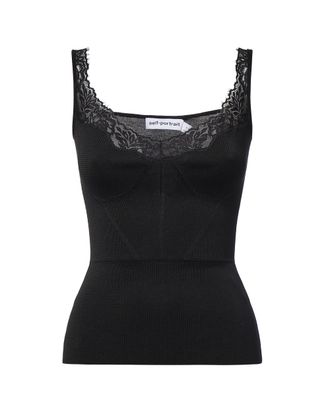 Self Portrait Sweetheart Neckline Lace Trim Ribbed Knit Top