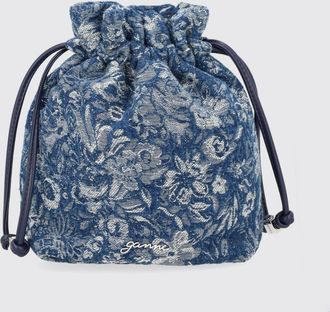 Ganni Mini borsa a secchiello in denim di cotone con jacquard floreale