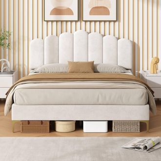 Merax 4ft6 Double Velvet Tufted Upholstered Bed with Adjustable Headboard in Beige | Size: Single