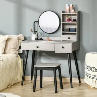 HOMCOM Dressing Table Set with 3 Drawers - Storage shelves and Stool - Grey | TJ Hughes