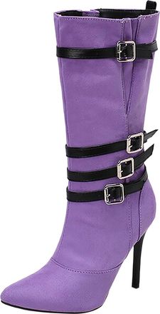Generic Winter Womens Fashion Suede Over The Knee Boots with High Block Heel and Elegant Pleated Ankle Design for a Stylish Statement (Purple, 5. 5)