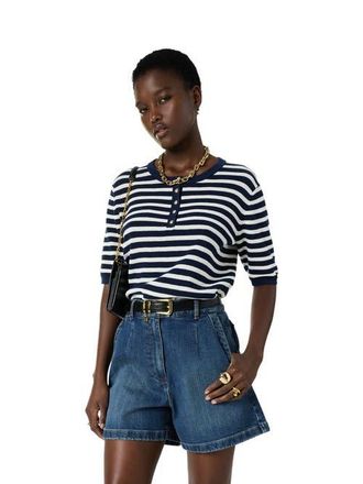 Gerard Darel Laina Short Sleeve Button Neck Knit Top in Navy Blue at Nordstrom, Size X-Large