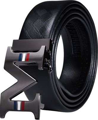 Barry.Wang Leather Ratchet Belts for Men - Black Bellt 1 3/8 with Adjustable Automatic Slide Gray M Buckle Golf Belt - Trim to Fit