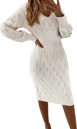 Generic Knitted Dresses for Women UK Long Sleeve V-Neck Winter Jumper Dress Warm Sweater Dress Fashion Casual Solid High Waist Slim Fit Bodycon Dress Pullover