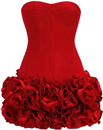 Generic Solid Spliced Appliques Slim Backless Short Dresses for Women Strapless Lace Up Corset Dress Red S