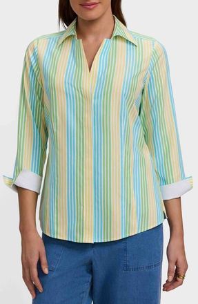 Foxcroft Taylor Stripe Cotton Button-Up Shirt in Green Multi at Nordstrom, Size 12P