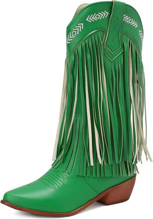 Generic Womens Western Cowboy Boots Knee-High Fringe Decor Geometric Embroidery Pointed Toe Low Chunky Heel Stylish Casual Party Country Music Festival Outfit