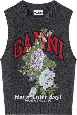 Ganni Gilet in lana con logo a fiori - Grigio
