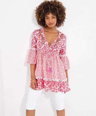 Joe Browns Bell Sleeve Pom Pom Tunic in Boho Medallion Patchwork at Nordstrom, Size 12