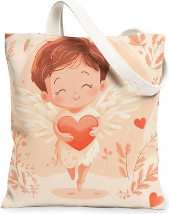 Generic Cartoon Valentines Day Cupid Canvas Tote Bag for Shopping 13x15, Fun Cute Romantic Love Heart Reusable Grocery Print Pattern Bag for Women, Holiday Be