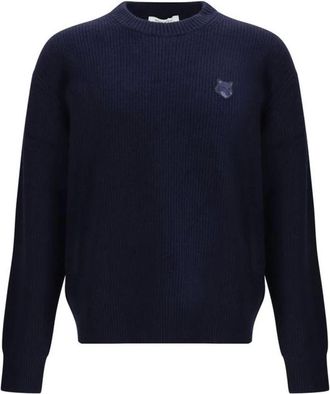 Maison Kitsun&eacute; Round-neck Knitwear, male, Blue, L, Ribbed Wool Jumper with Logo Patch
