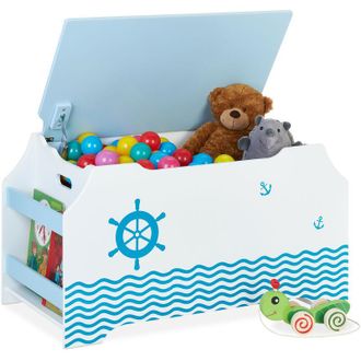Relaxdays Relaxdays Toy Storage Chest, Nautical Design, Box with Lid, Shelves for Books, HxWxD: 46 x 84 x 42.5 cm, White/Blue