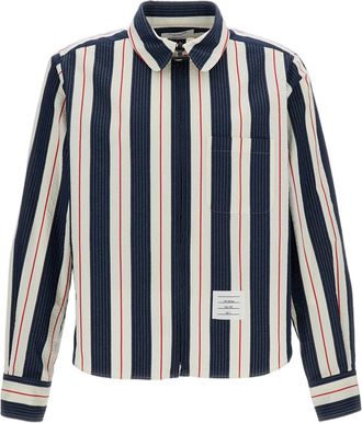 Thom Browne Seersucker Stripe Zip-Up Shirt with Point Collar