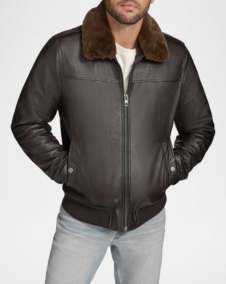 Andrew Marc Mens Leather Jacket with Removable Shearling Collar