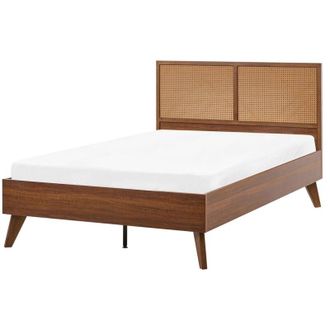 Beliani Letto matrimoniale in legno di gomma con testiera in vimini marrone scuro 120 x 200 cm Monpazier