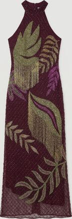 Karen Millen Womens Petite Tropical Beaded Strappy Back Woven Halter Maxi Dress - Purple - Size 16 UK