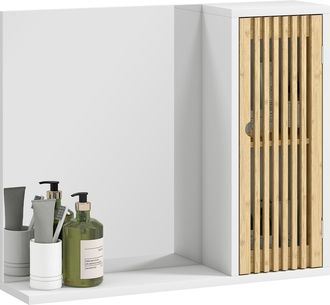 HOMCOM Homcom Espejo De Ba&ntilde;o 60x50 Cm, Espejo De Pared Con Puerta De Listones De Bamb&uacute;, Estantes De Almacenaje, Blanco Y Natural