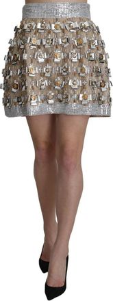 Dolce & Gabbana Zilveren Versierde High Waist Minirok - Dames - Korte rokken - Grijs - M - Polyester - Rokken