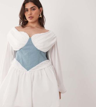 Asos Curve - Vestito corto in tulle bianco con spalle scoperte e vita stile corsetto blu-Multicolore