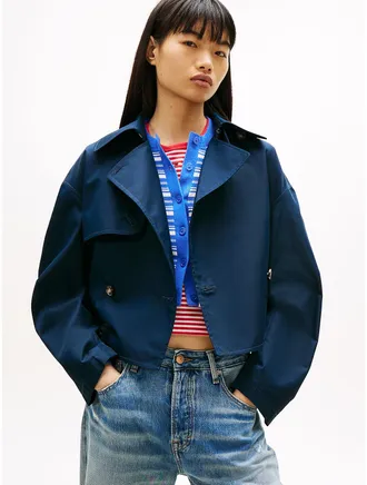 Tommy Hilfiger Womens Tommy Jeans Water-Repellent Trench Coat - Navy - XXS