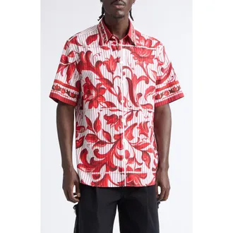 Dolce & Gabbana Stripe Majolica Print Button-Up Shirt in Maiolica 6 Rubino at Nordstrom, Size 42