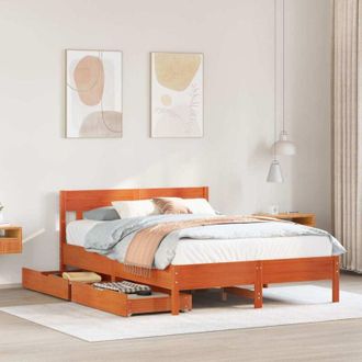 vidaXL Vidaxl Cama Sin Colch&oacute;n Madera Maciza De Pino Marr&oacute;n Cera 140x200 Cm