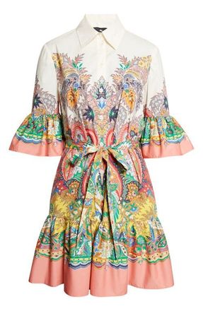 Etro Paisley Print Belted Stretch Cotton Shirtdress in Print On White Base at Nordstrom, Size 10 Us