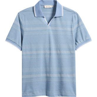 Bugatchi Textured Stripe Johnny Collar Polo in Peacock at Nordstrom, Size Xx-Large