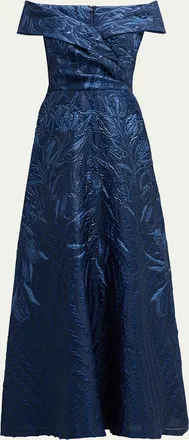 Teri Jon Off-Shoulder Metallic Jacquard Gown