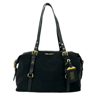 Prada Black Nylon Leather Shoulder Bag Tote Bag (Pre-Owned)