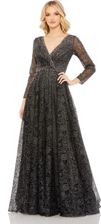 Mac Duggal Embellished Illusion Long Sleeve V Neck Gown