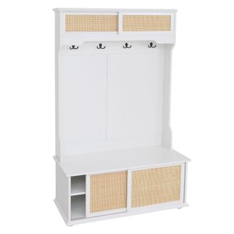 Hhg Appendiabiti Hhg-655, Guardaroba Organizer Da Ingresso In Legno, Melamina E Rattan Kubu 163x100x47 Cm, Bianco