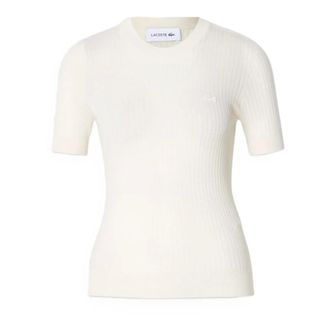 Lacoste Round-neck Knitwear, female, White, Size: M Short Sleeve Merino Wool Rib Knit Sweater
