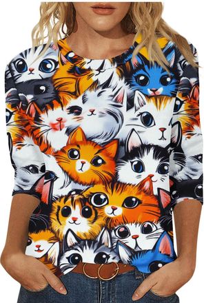 Generic Warehouse Deals Today Blouse for Women UK Cute Cats Print Tunic Tops 2025 Summer Fashion Round Neck Shirts Dressy Casual 3/4 Sleeve Tops Comfy Lightwe