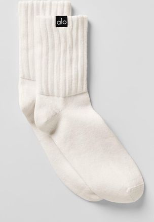 Alo | Half-Crew Scrunch Socks in Ivory White, Size: Medium