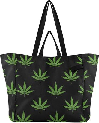 Generic Leaves Green Black print Reusable Canvas Tote Bag, Heavy Duty Grocery Shopping Bag with Hard Bottom Double Handles Large Capacity Work Groceries Trave