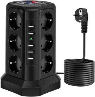 OEM Regleta De Enchufes Vertical Con Enchufe Europeo, 12 Tomas De Corriente Con 5 Interruptores De Protecci&oacute;n Contra Sobretensiones Usb (color: Negro, Tam