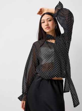 Twik Womens Polka-dotted scarf-neck chiffon blouse