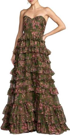 Mac Duggal Strapless Floral Print Tiered Ruffle Ball Gown in Green Multi at Nordstrom, Size 14