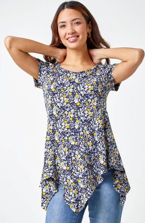 Roman Floral Hanky Hem Stretch Tunic Top