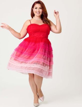 Unique Vintage Plus Size Tiered Sheer Swing Dress in Red & Pink Ombre at Nordstrom, Size 3X